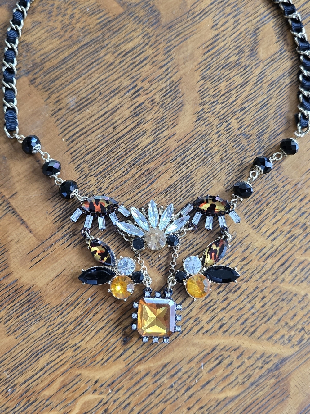 Vintage-Inspired Black and Amber Crystal Statement Betsy Johnson Necklace